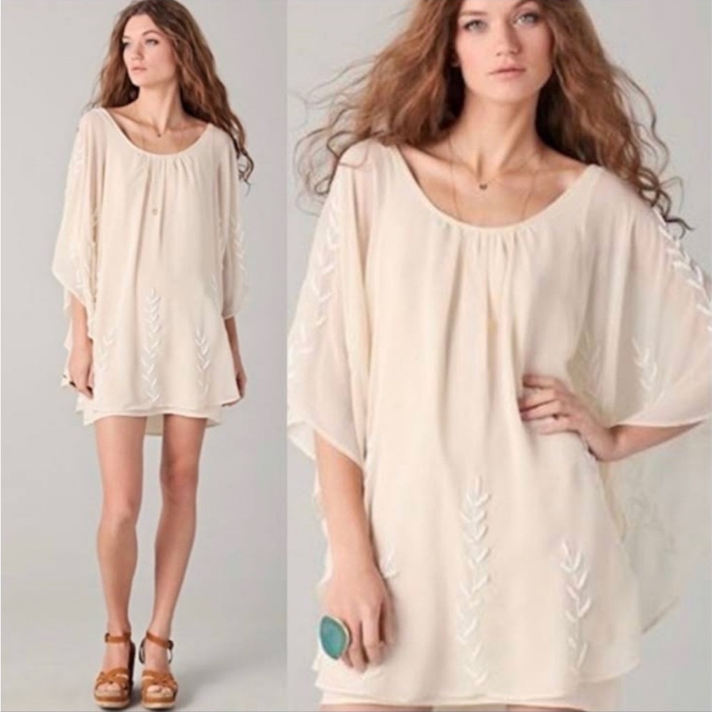 Free People Beaded Pointed Cape‎ Drape Mini Dress Chiffon Sheer Cream Small